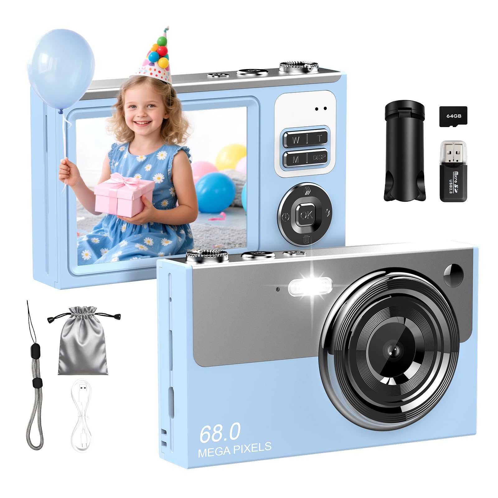 Cámara digital de 64 MP 4K para niños con pantalla IPS de 2.8", tarjeta SD de 64 GB y zoom digital de 16X. Antivibración, cámara compacta compacta y portátil. Regalo pequeño para niños, niñas y estudi