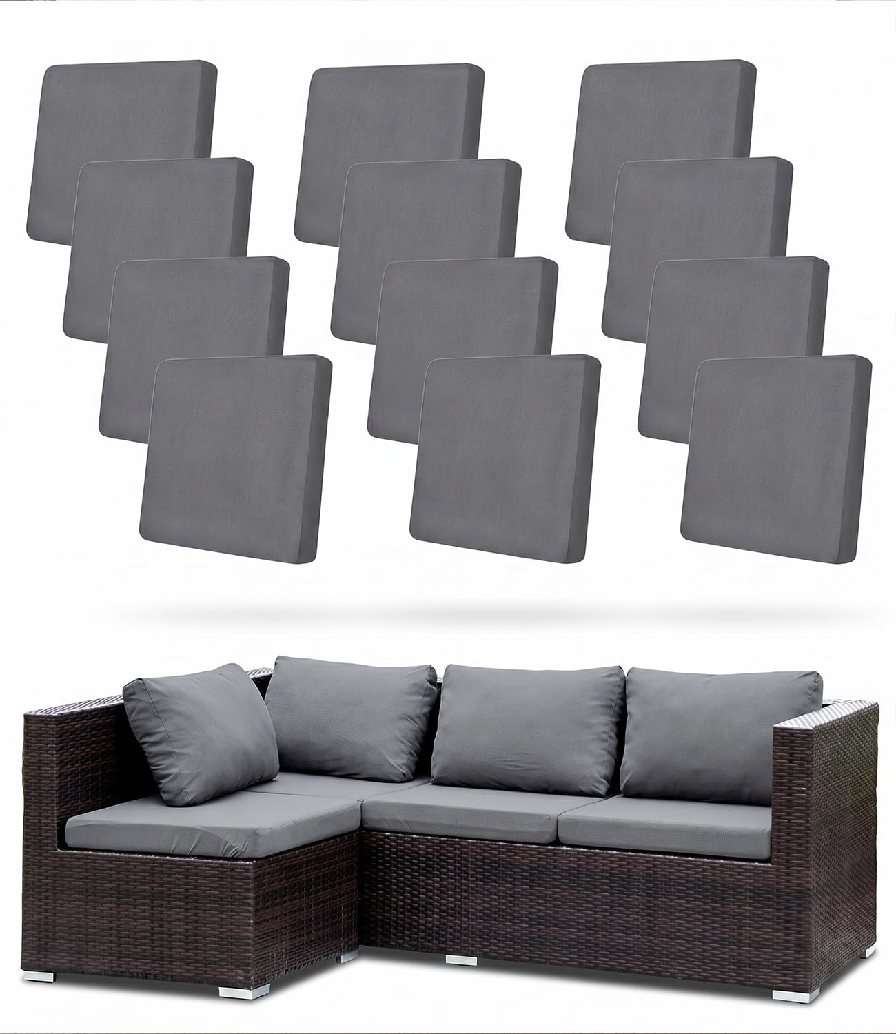 Hiseng Outdoor Sitzkissenbezug 12 Stück, Terrasse Gartenpolster Ersatzbezug, Hellgrau Stretch Sitzkissenbezug Sofa Kissenbezüge mit Gummiband für Terrassenmöbel, Gartenmöbel
