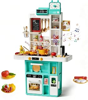 34.5" Tall Kids Play Kitchen Set for Toddlers 1-3, Toddler Kitchen Playset with Realistic Sound, Light & Steam, Water Recycling Sink & Cooking Accessories, Pretend Toy Gift for Girls Boys（Green）