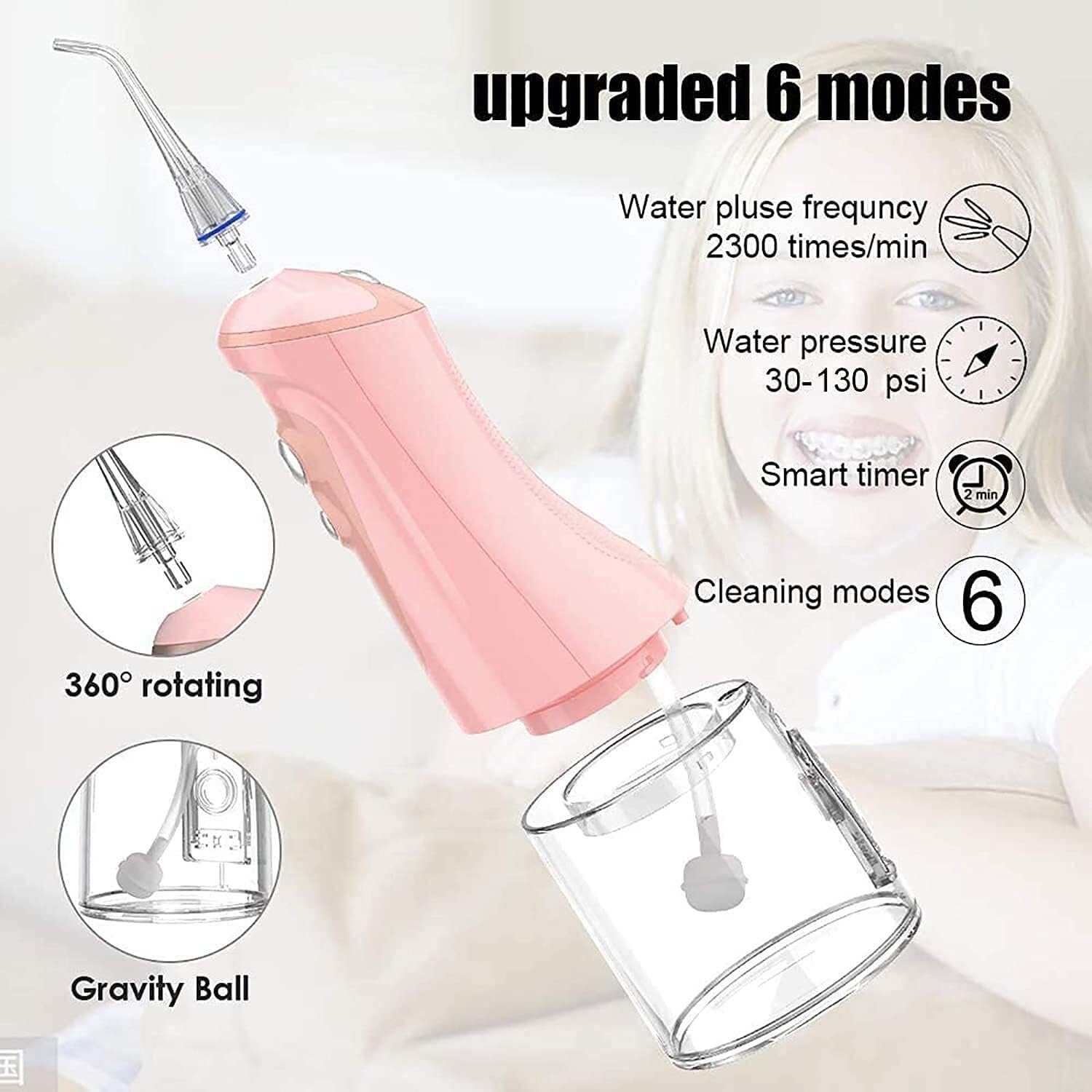 GeRRiT Idropulsore professionale senza fili Irrigatore orale dentale, serbatoio dell'acqua portatile da 320 ml e impermeabile IPX7 ricaricabile, 6 modalità e 4 punte a getto, idropulsore for casa e vi