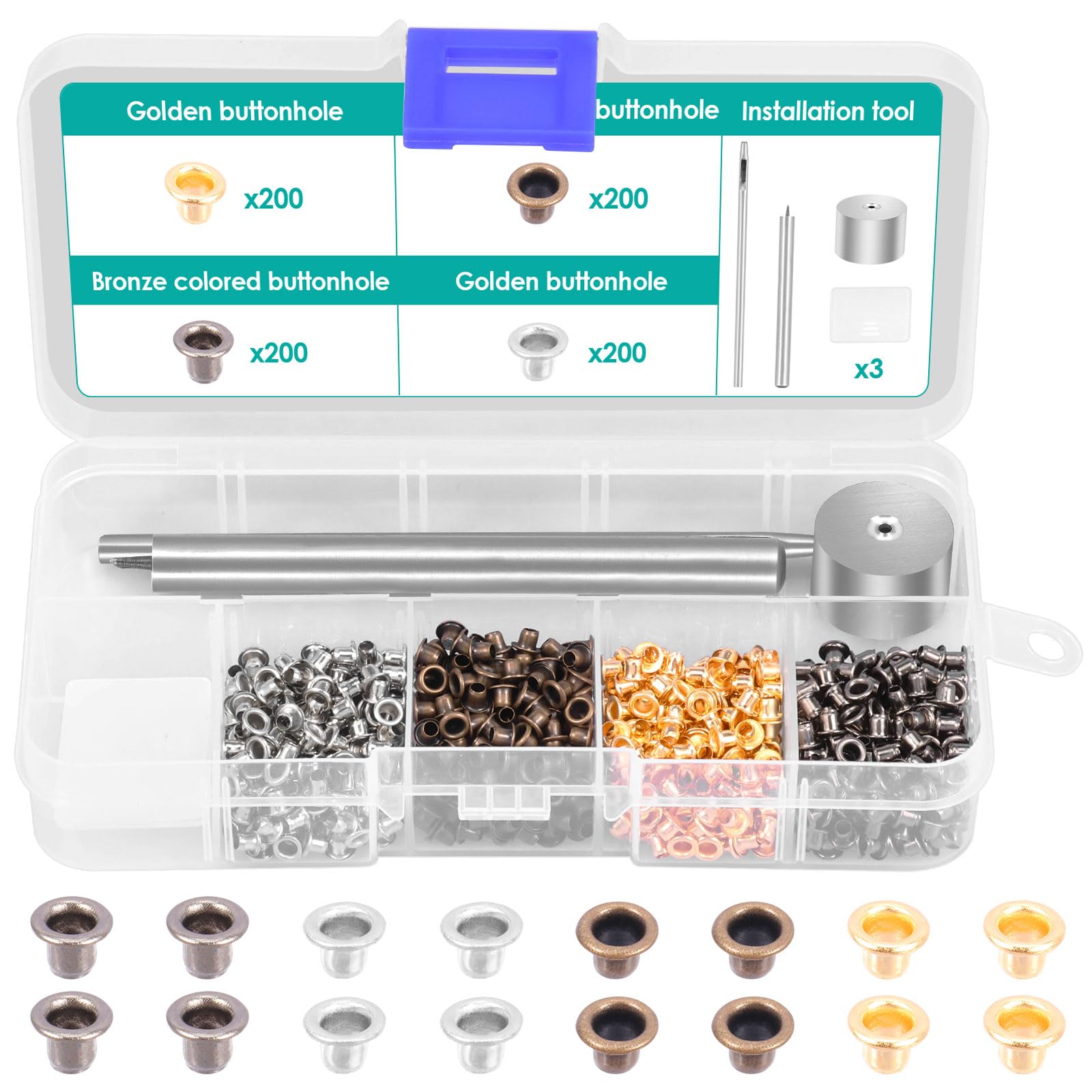 803 PCS Metal Grommet Kit, 2mm 4 Color Metal Copper Grommet Kit Leather Grommets Kits with Plastic Storage Box for Shoes Clothes Crafts Bag