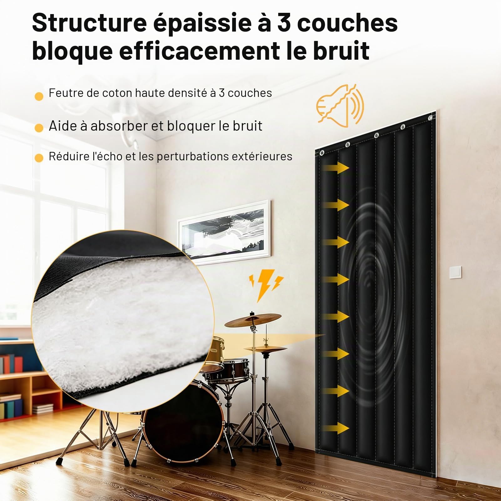 Rideau d'isolation acoustique pour porte, 95 x 220 cm, 3 couches, épaisse, isolation acoustique, avec crochets et kit de vis, pour chambre à coucher, studio de musique, studio d'enregistrement