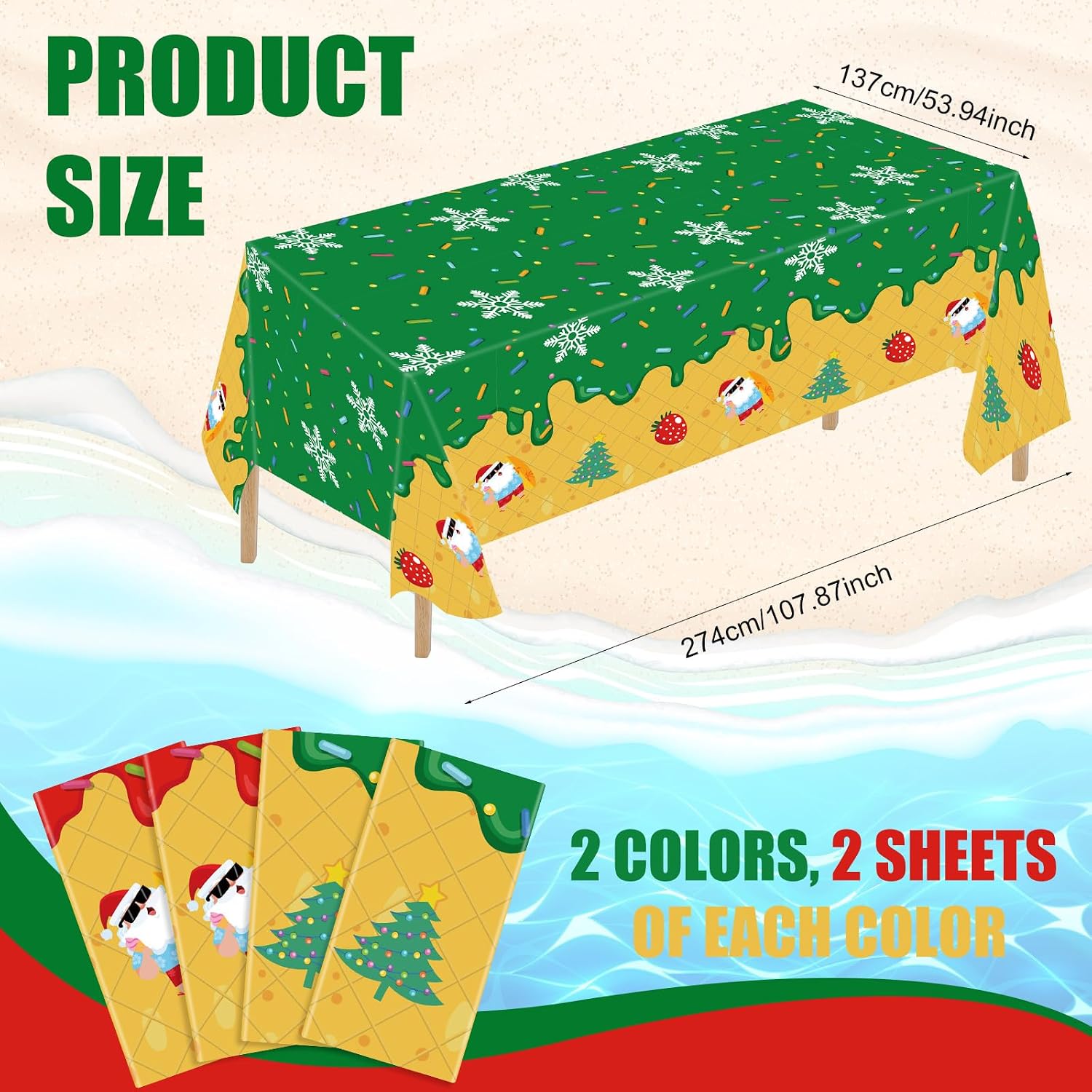 Hahafelt 4 Pack Christmas in July Tablecloths Decorations Summer Christmas July Table Cloth Ice Cream Disposable Plastic Rectangle Tablecloths for Hawaiian Beach Party, 54 x 108 Inch