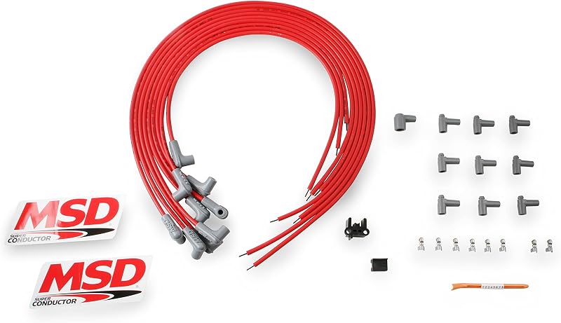 Jogo de cabos de vela MSD Super Conductor 8,5 mm para motor V8, terminal de vela 90° e tampa 90° – 1 conjunto