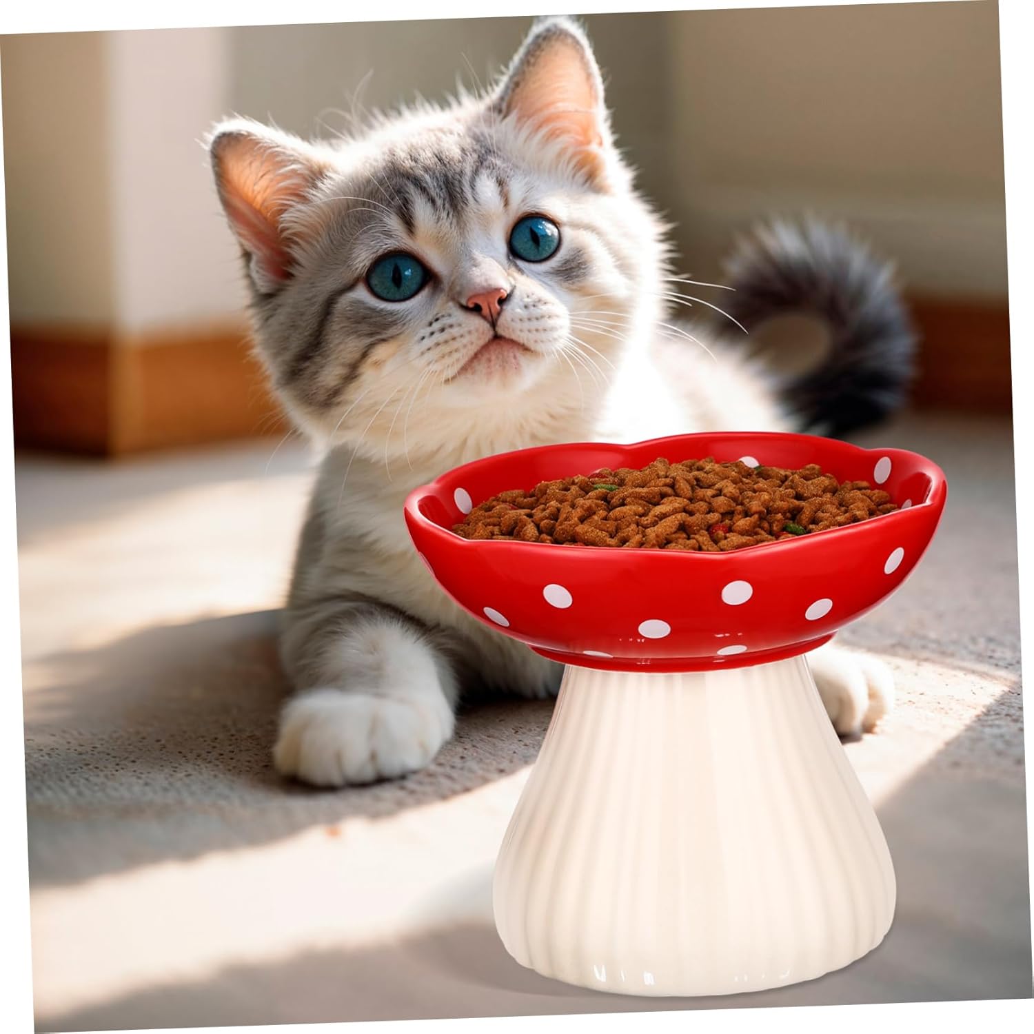 UPKOCH Ceramic Elevated Cat Bowl Raised Feeding Station Whisker Friendly Wide Shallow Dish Stable Base Easy to Clean for Healthy Cat Dining