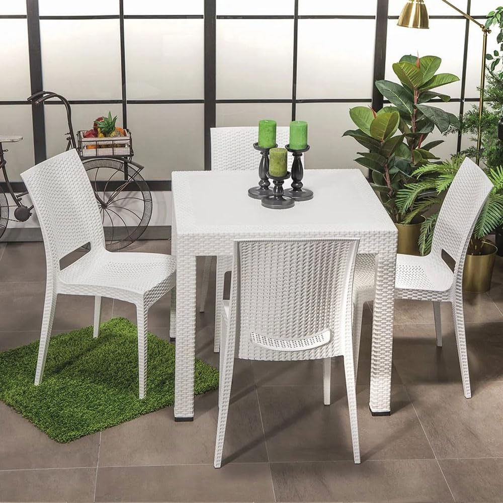 Kastamonu Plastik Mesa Cuadrada Plástico, Imitación Ratán, 90x90 cm, Mesa Exterior, Jardín (Blanco)
