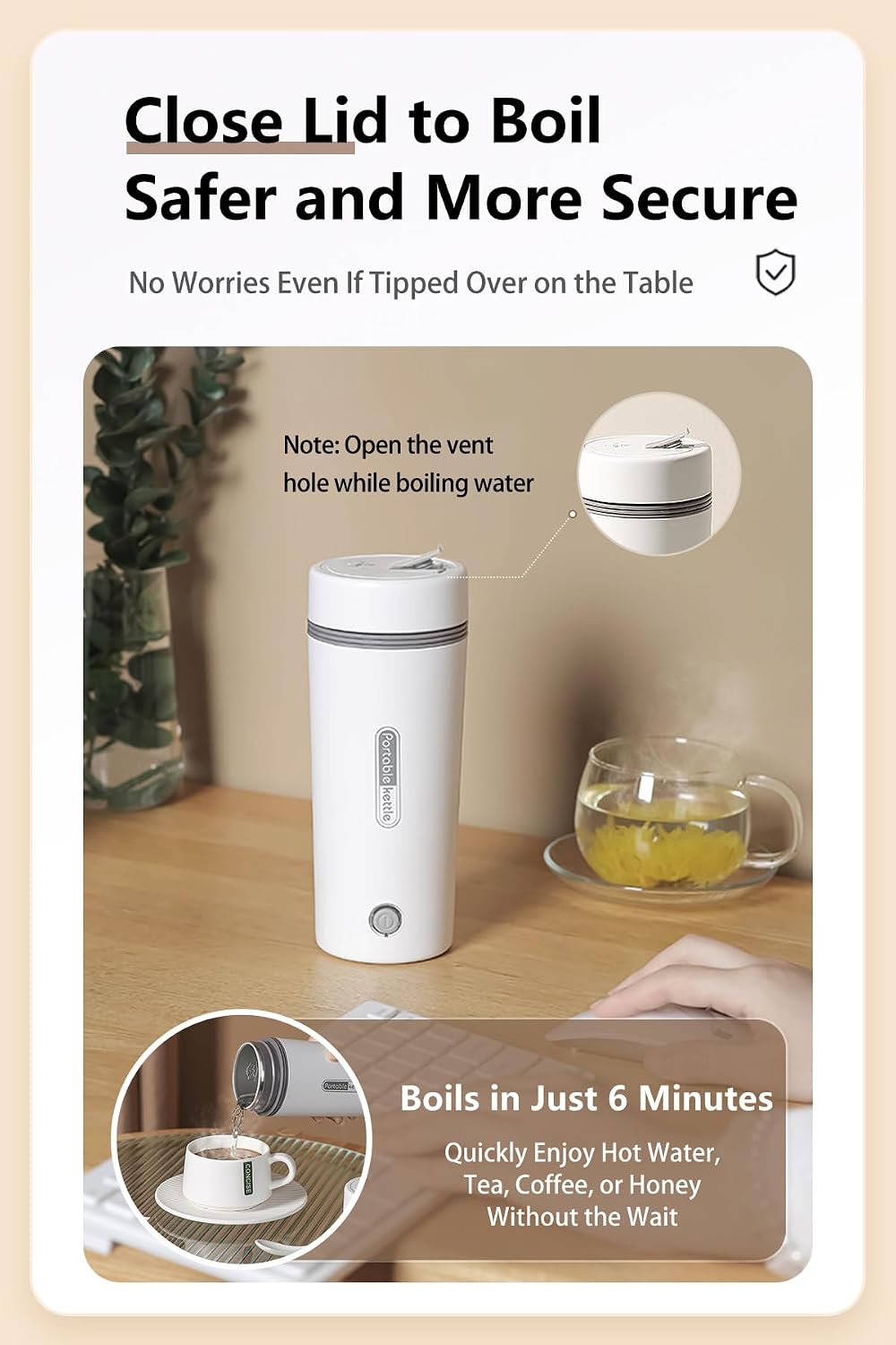Travel Electric Kettle 350ML, Water Boiler with Fast Boil, Anti-Dry Protection, Leak-Proof Vacuum Insulated Stainless Steel, for Coffee and Tea, One Person Use, White