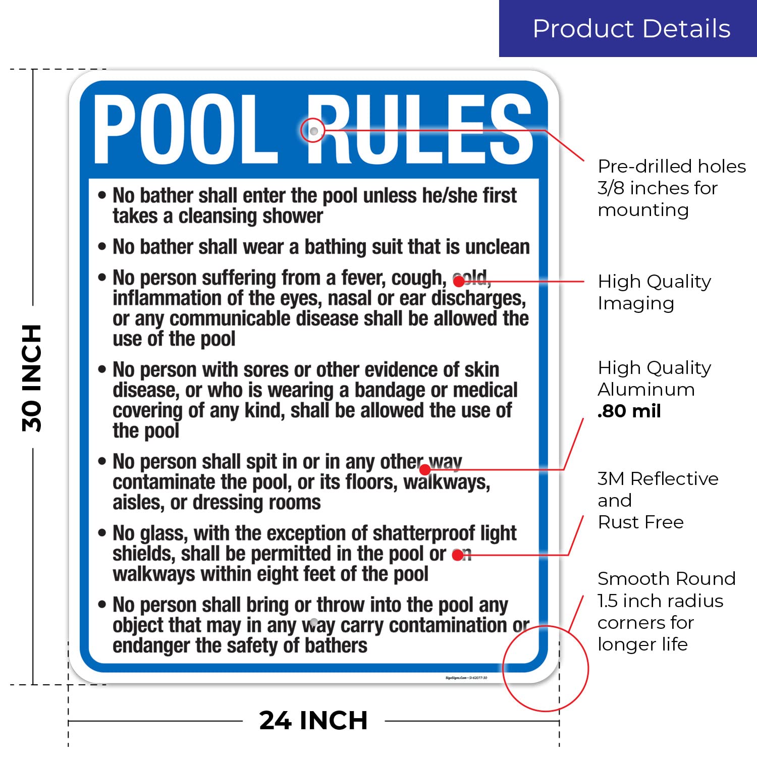 Massachusetts Pool Rules Sign, Complies with State of Massachusetts Pool Safety Code, (SI-62077) 24x30 Inches, Rust Free .063 Aluminum, Fade Resistant, Made in USA