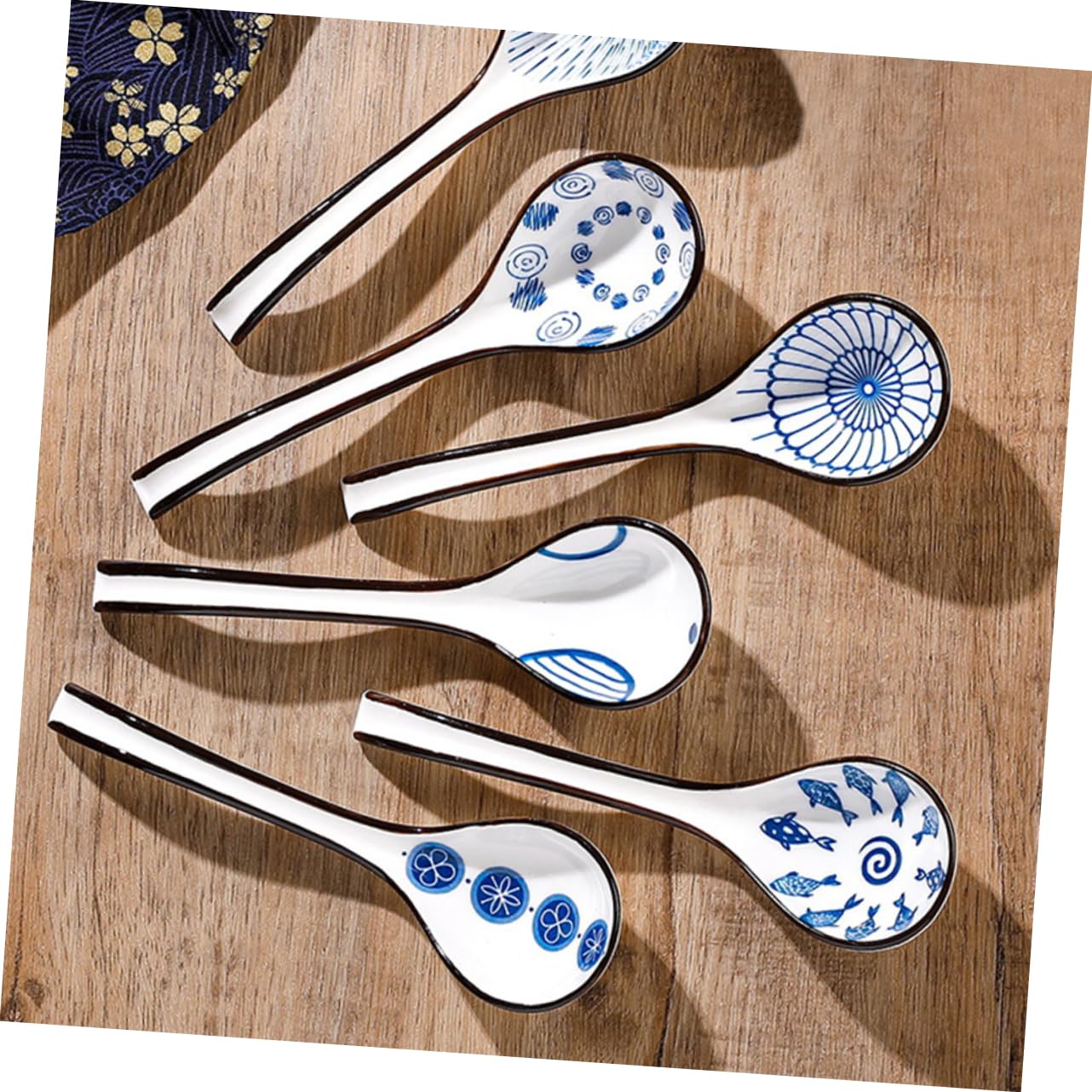 Cucharas de Sopa de Cerámica Azul y White, 6 Piezas