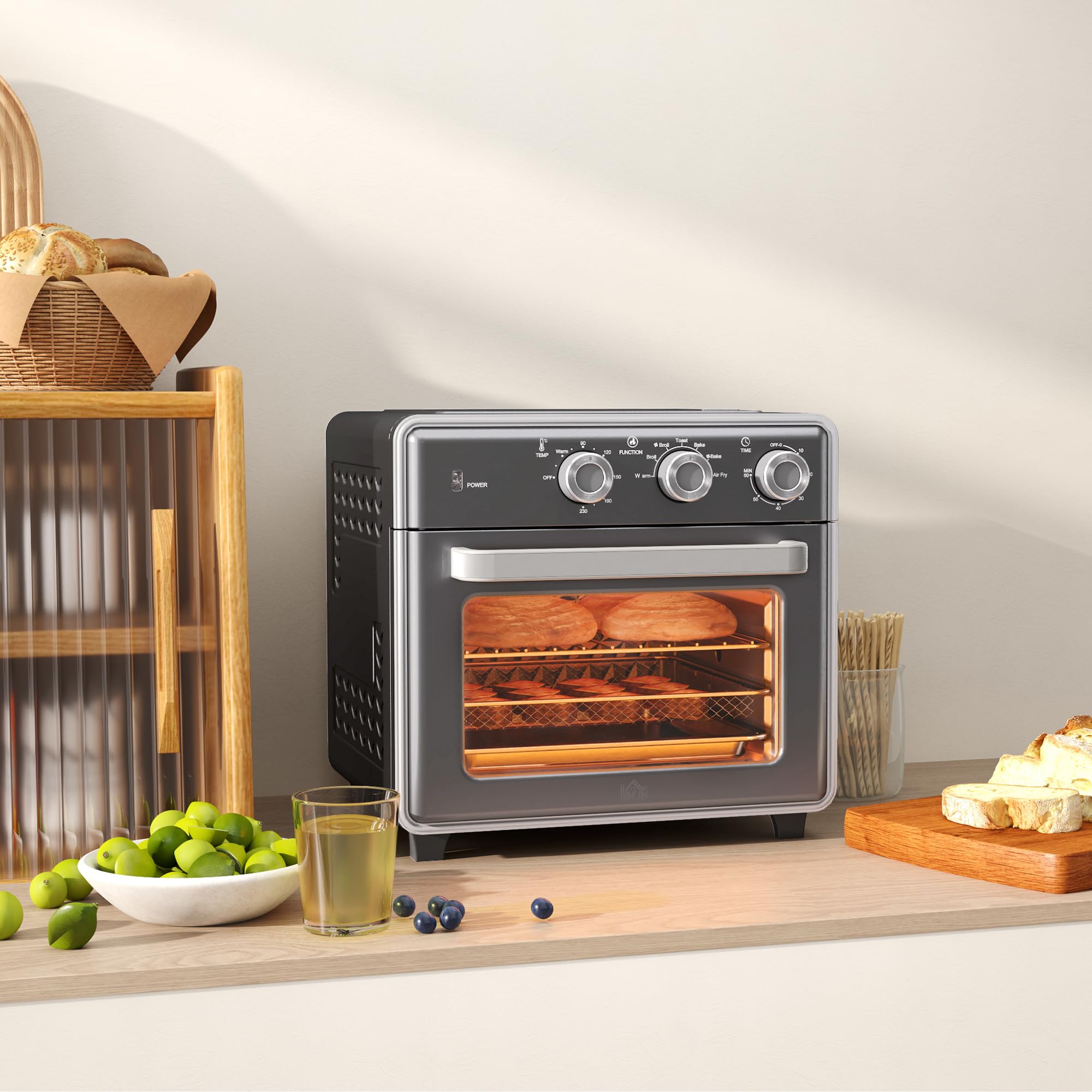 HOMCOM Mini-four à chaleur tournante 20L Mini four avec plaque de cuisson, grille et ramasse-miettes, 90 °C-230 °C Friteuse à air chaud avec 5 modes, panier à friture, minuterie 60 min, 1400W, métal