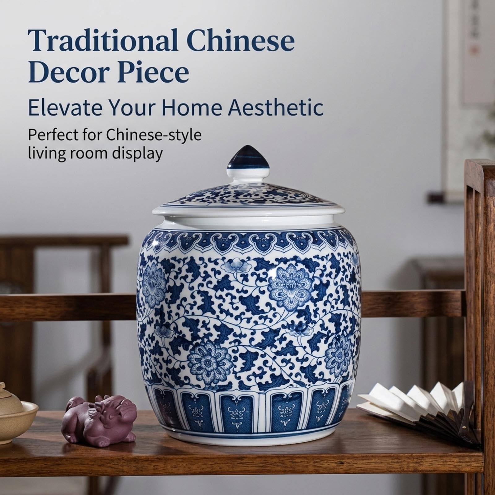 Blau-weißer Porzellan-Reistopf aus Keramik, chinesischer Retro-Vorratsbehälter mit Deckel, zylindrischer Getreidespender für Zuhause, Reis, Mehl und Zucker