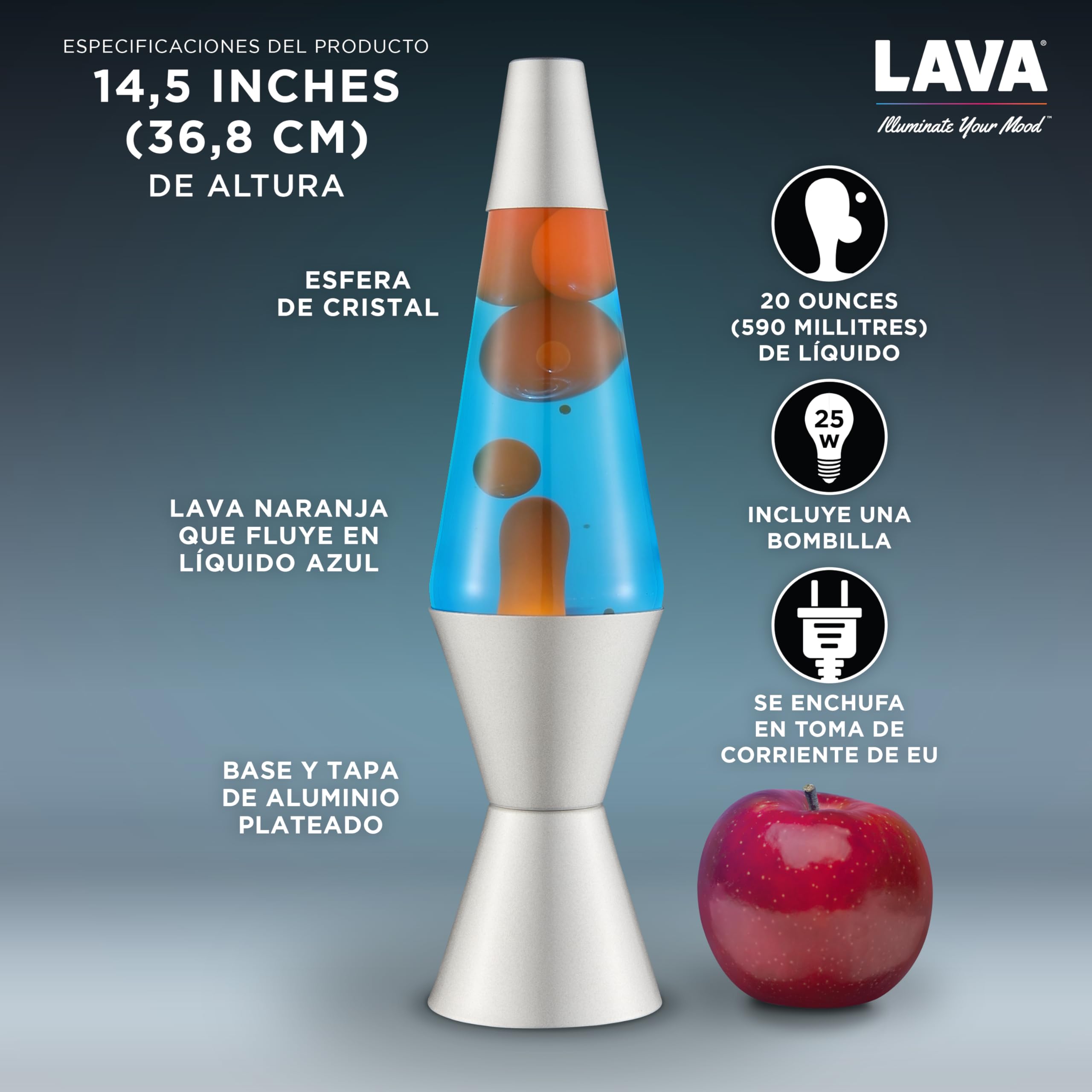LAVA® - Lámpara Lava 2117, cera naranja, líquido azul, base y tapa plateados, original de 14,5 pulgadas. Lámpara de movimiento marca LAVA®
