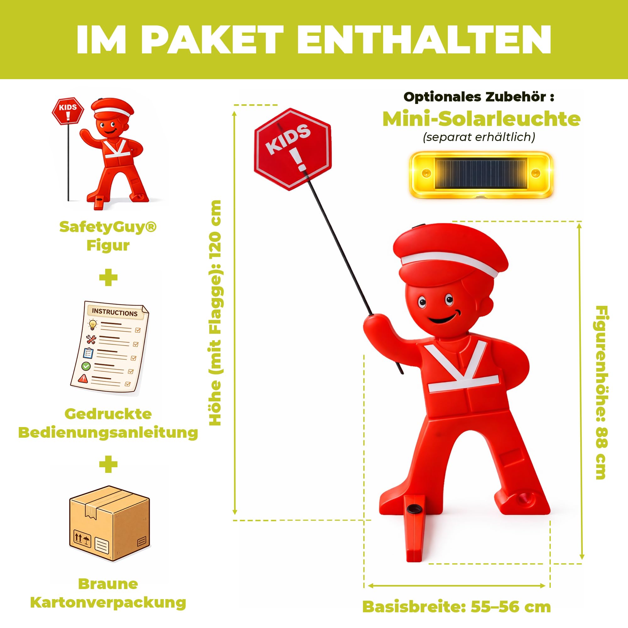 SafetyGuy Achtung Kinder Aufsteller mit Reflektoren | 120 cm Kinderwarnaufsteller mit Reflektoren, breitem Standfuß und optionalem Solarlicht für Einfahrt, Spielstraße