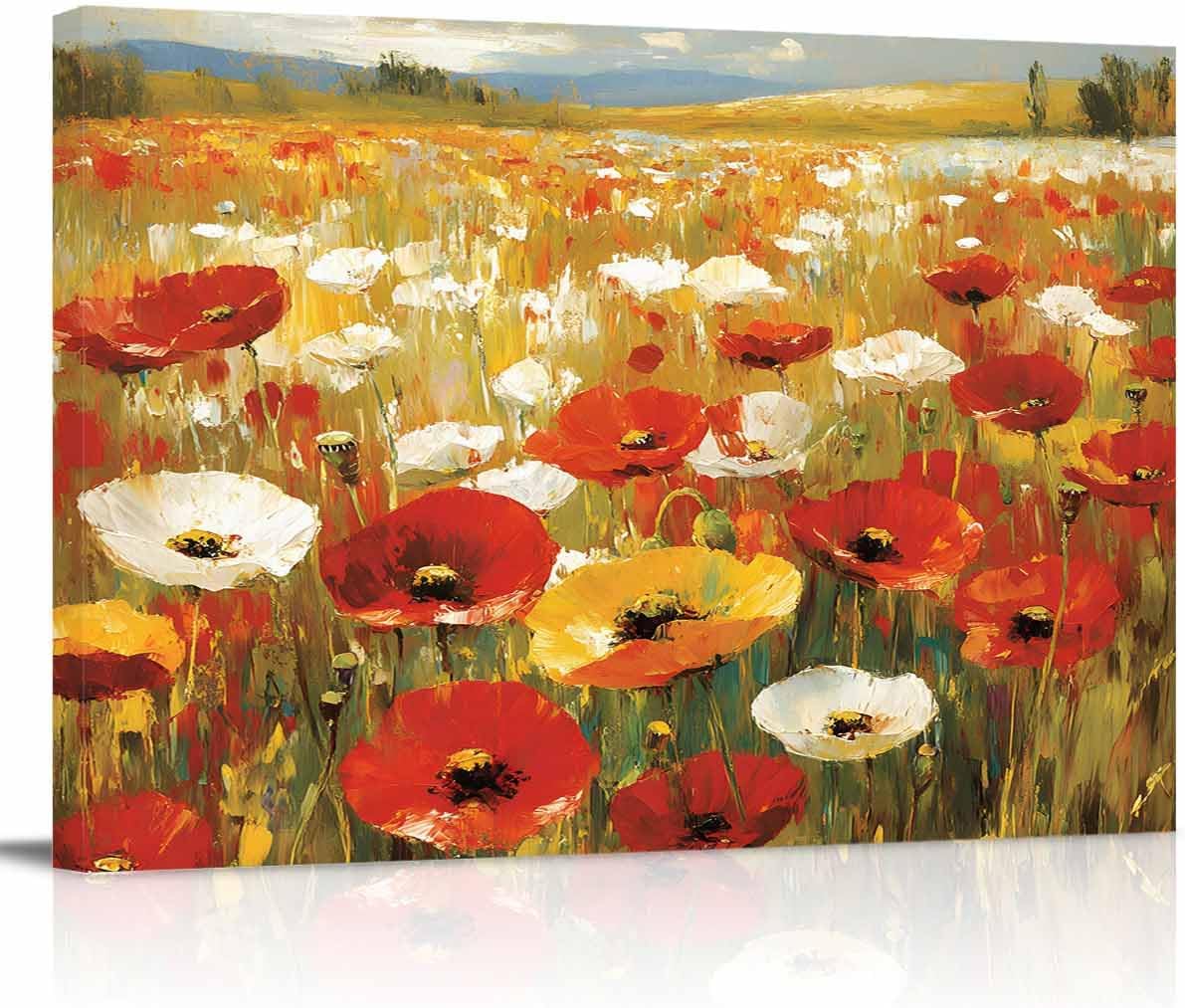 Pastoral Canvas Printed Wall Art,Watercolor Poppy Flower Oil Painting Prints Framed Picture,Farm Garden Floral Painted Artwork for Home Bedroom Living Room Decor,12x8in