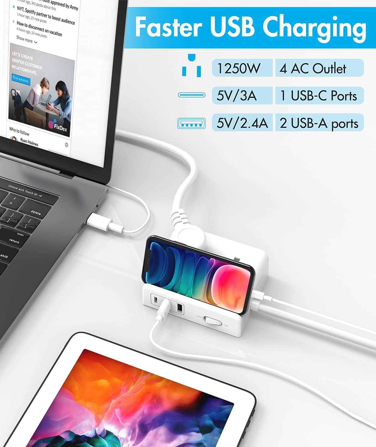 Power Strip with USB C, AUOPRO Flat Extension Cord 4 Outlets Strips and 3 USB Ports, 5ft Long Braided Power Cord, Compact Charging Station for Computer Travel Cruise Home Office-ETL Listed