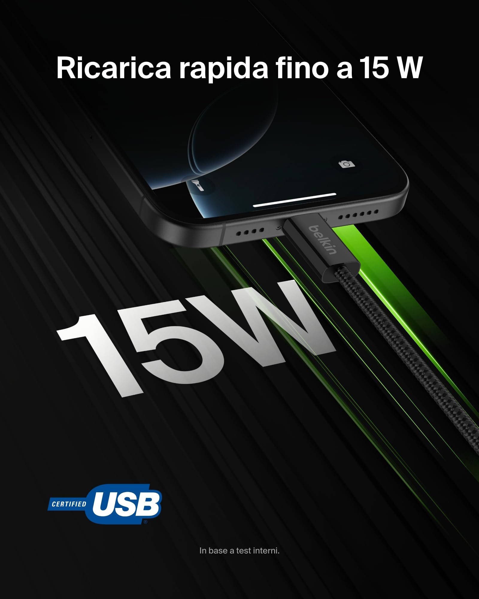 Belkin Confezione da 2 cavi intrecciati da USB-A a USB-C da 1,5 m, 15 W, cavo flessibile per ricarica rapida, cavo Type-C per iPhone 16 e iPhone 15 series, Galaxy S25, Pixel 9, iPad Pro ecc., nero