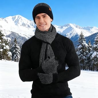 floconssy Men's Winter Hat Scarf Gloves Set of 3, Knit Thermal Combo Gifts
