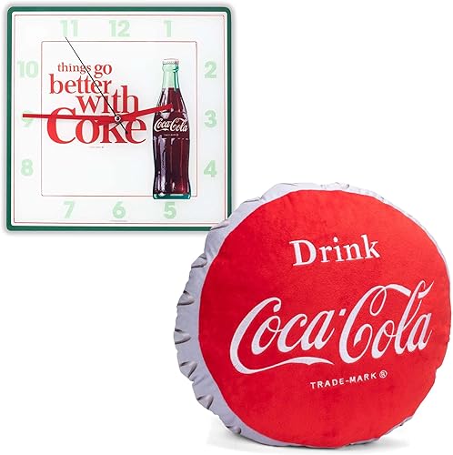 Mark Feldstein & Associates Coca Cola Bottle Things - Reloj de pared de 12 pulgadas y tapa de botella de Coca-Cola, almohada bordada de poliéster de