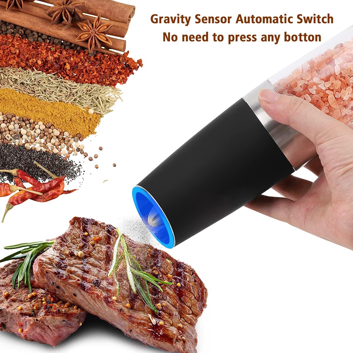 Electric Salt and Pepper Grinder, Automatic Gravity Black Mill Shakers Set Adjustable Coarseness Battery Powered Electronic Peppermills Spice Molinillo, Sal Pimienta moledor for Kitchen Cooking