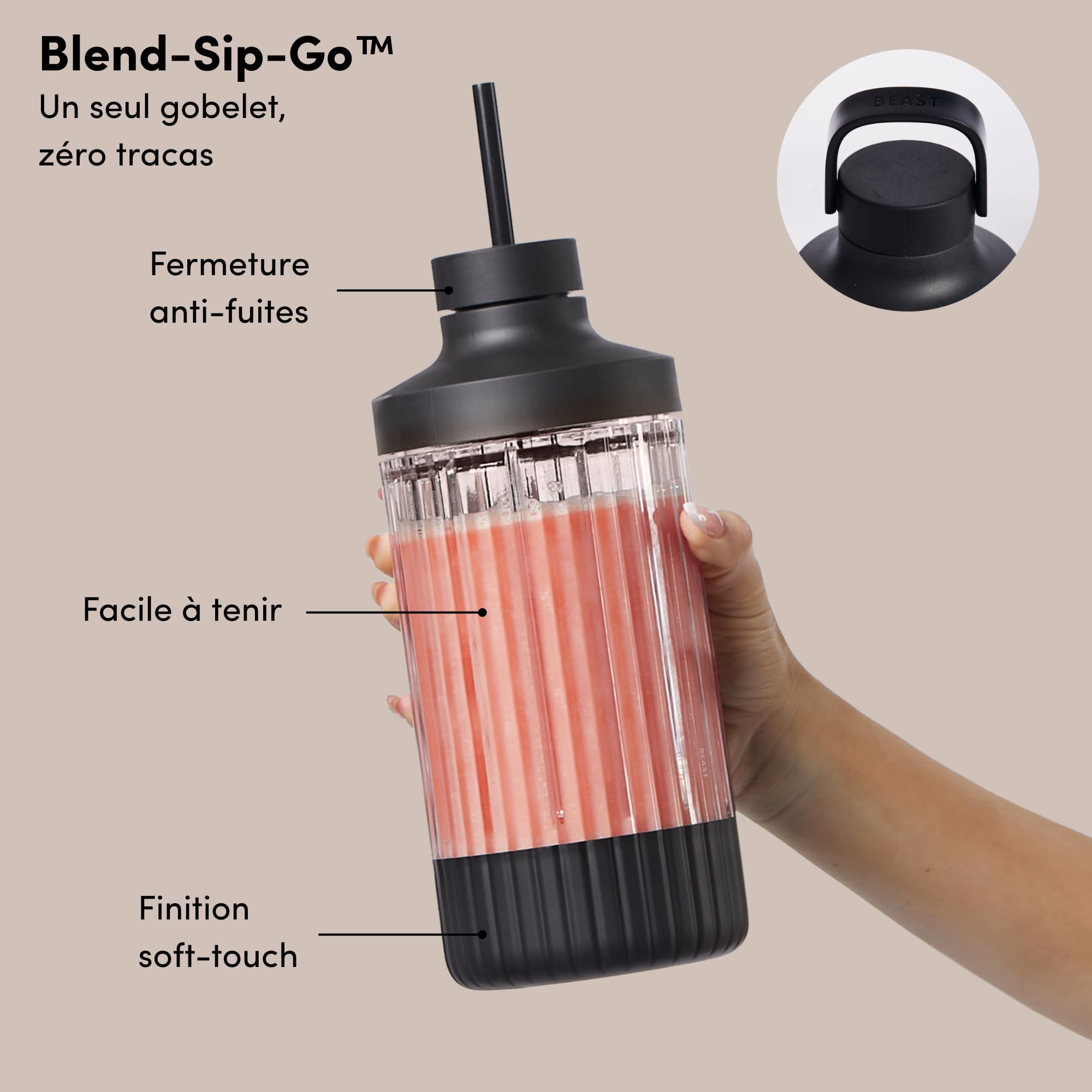 BEAST Blender smoothie 1200W - Mixeur haute performance avec 3 bouteilles portables en Tritan - 1200 ml - Couvercles et lames en acier inoxydable - Smoothie maker pour milkshakes et sauces - Sauge
