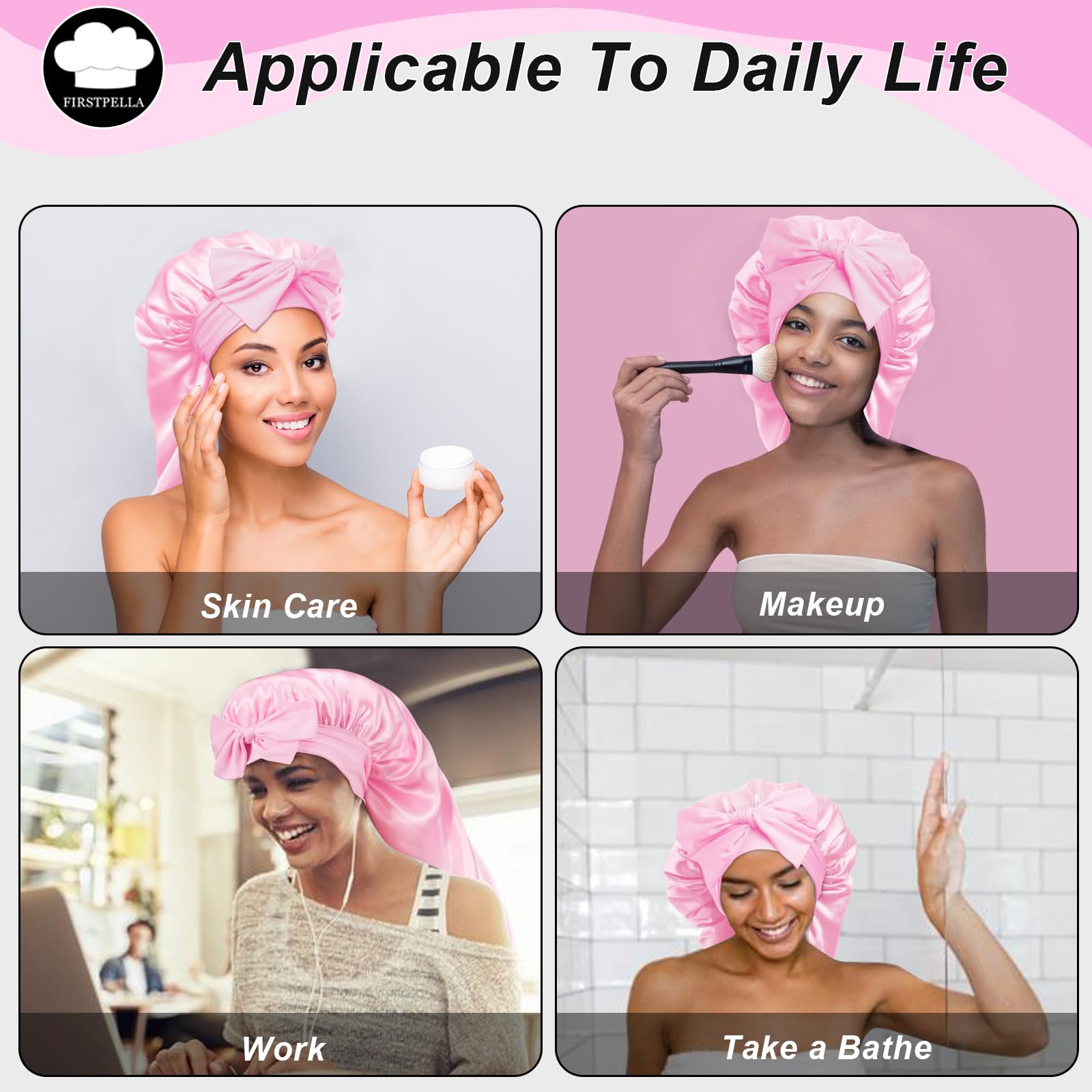 Cuffia Da Notte In Seta E Raso Per Capelli Ricci E Naturali - 2 Pezzi, Regolabile, Anticrespo, Morbida E Traspirante - Rosa E Nero
