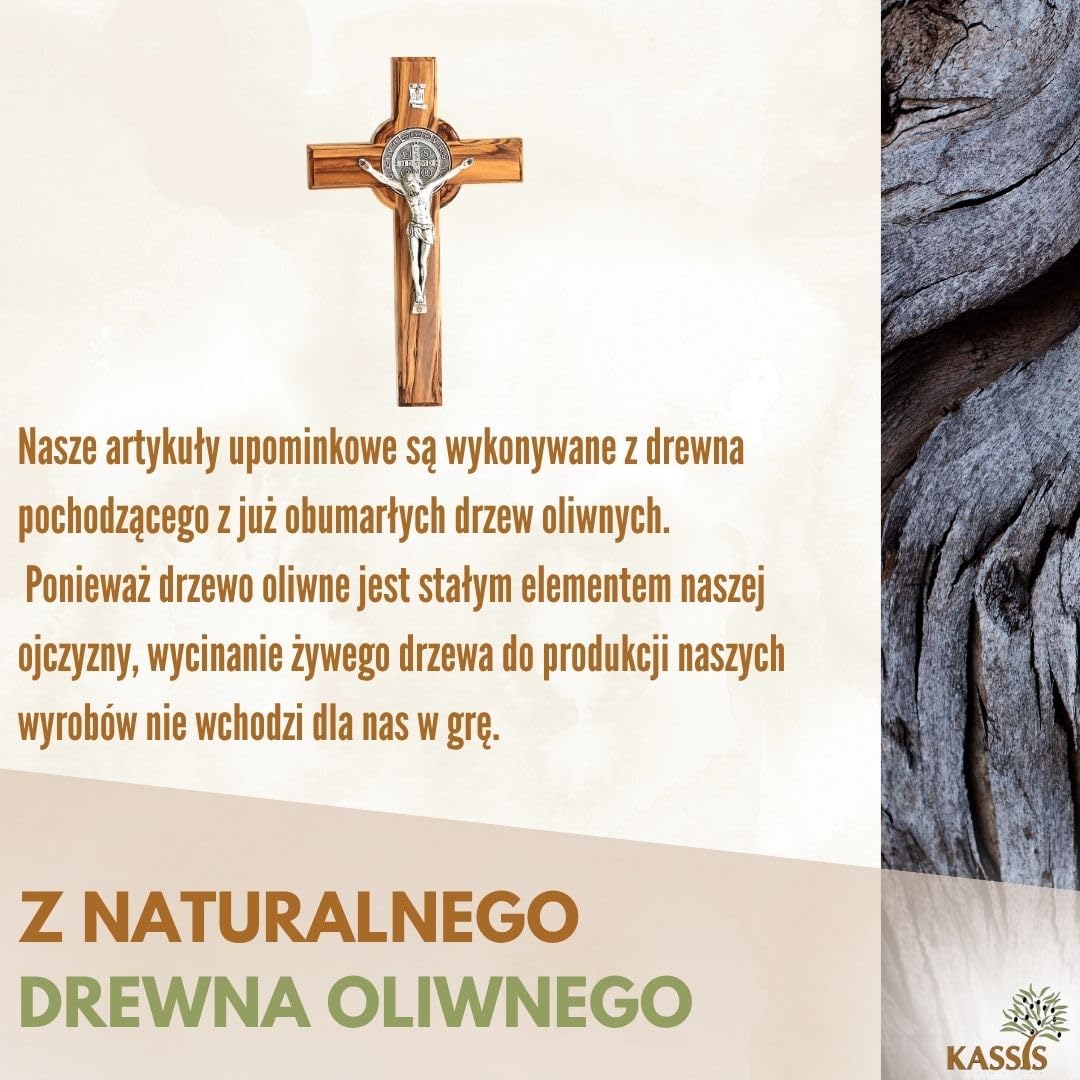 KASSIS ręcznie robiony krucyfiks św. Benedykta - 20 cm krzyż ścienny z drewna oliwnego - trwały prezent na bierzmowanie, komunię i chrzest - dekoracja religijna, błogosławieństwo domu