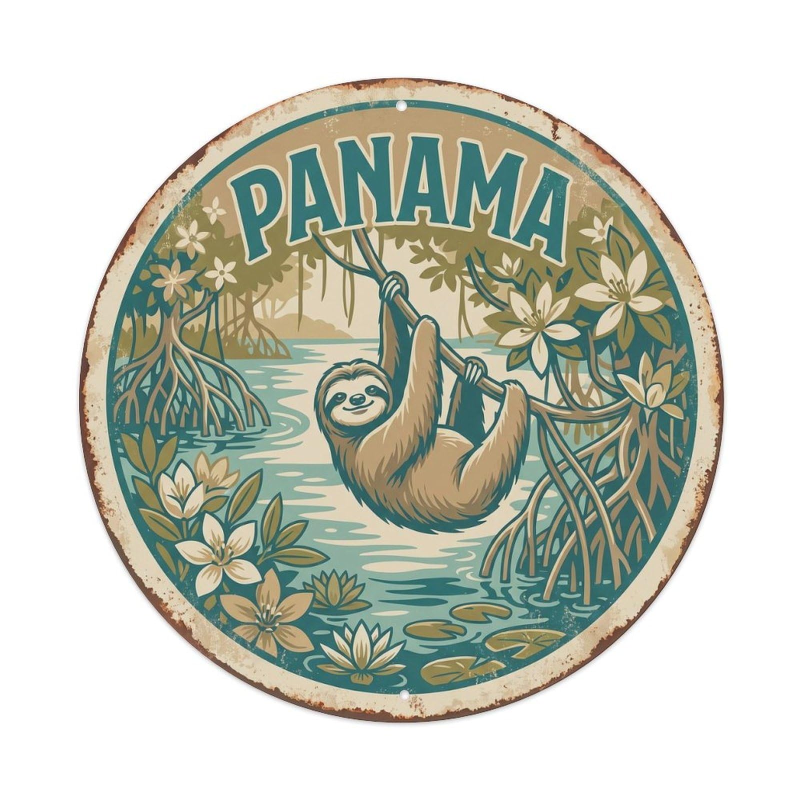 Panama Sloth Mangrove Swamp Vintage Metal Tin Sign Plaque Wall Decor for Cafe, Club Bar, Office, Garden Metal Poster 8x8Inch