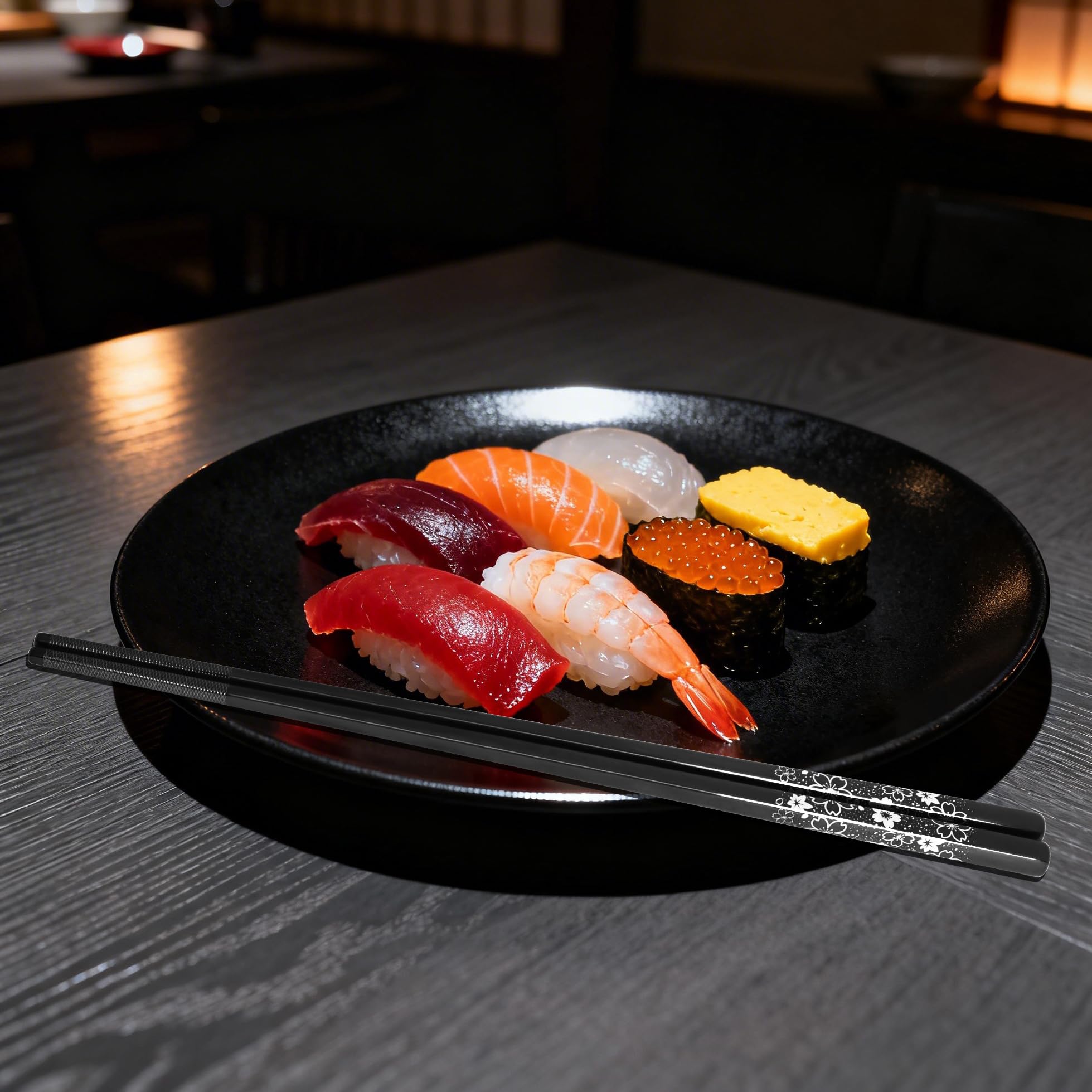 TIAKO Set di 5 paia di bacchette in fiore di ciliegio nero, acciaio inossidabile 18/8 di alta qualità, elegante confezione regalo, design giapponese Sakura per sushi, sala da pranzo asiatica e