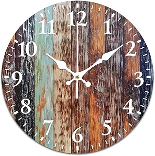 DAUISGHI Primitive Western Country Farmhouse Brown Barn Wood Silent Wall Clock, Vintage Rustic Decoration Round Wall Clock for Bedroom, Bathroom, Living Room, Home Office(25cm/9.84in)