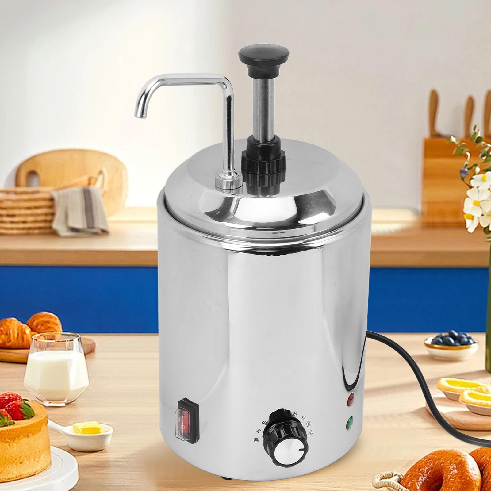 Pongnas Calentador Comercial de Queso para Nachos con Bomba, Rotación de 360 ​​Grados, Dispensador de Sirope de Chocolate Caliente de Acero Inoxidable con Control de Temperatura d (Enchufe Europeo