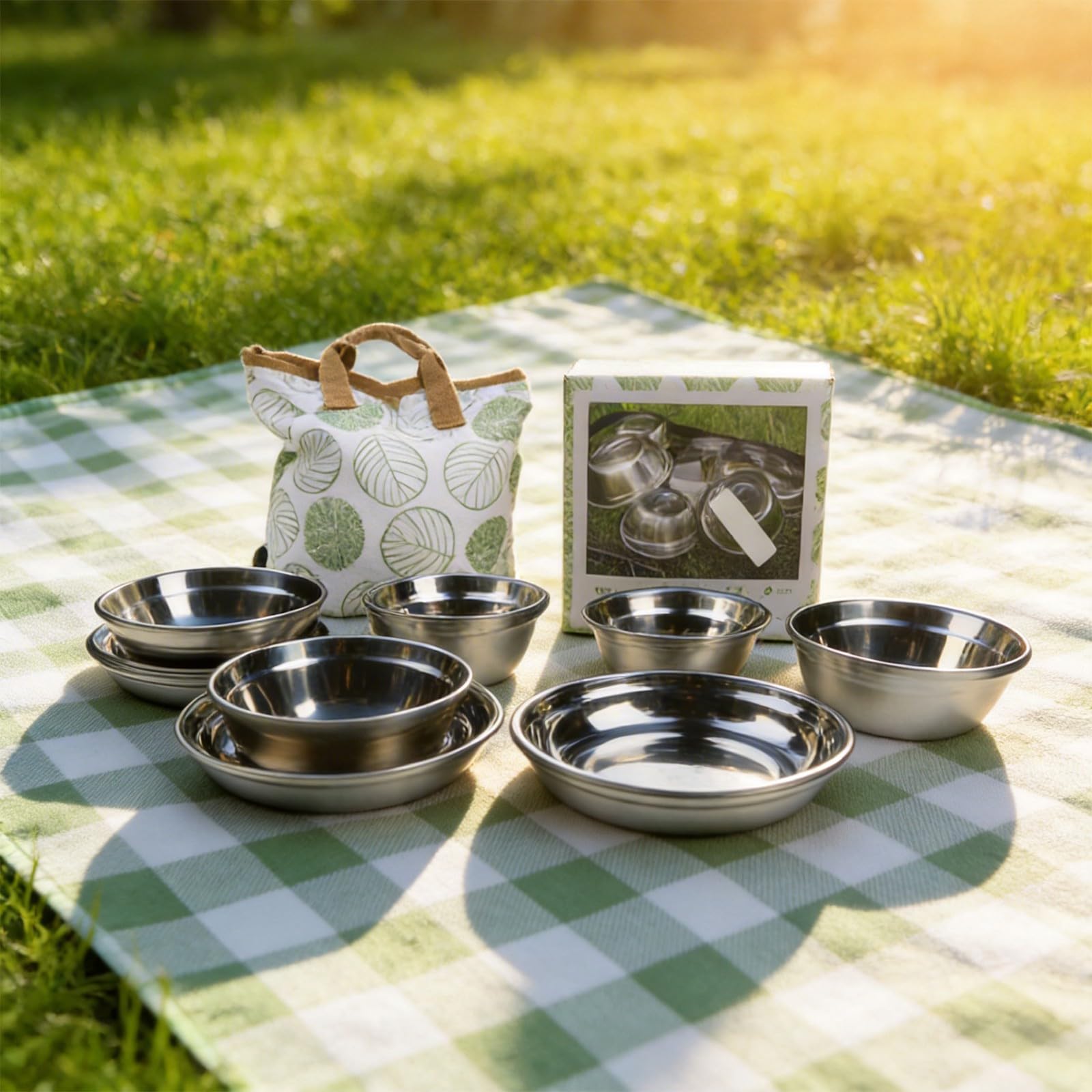 20 Stück Edelstahl Camping Teller Set, 304 SUS Leichte Schüsseln und Geschirr für Outdoor Picknick BBQ Tragbares Stapelbares Besteck Kit mit Aufbewahrungstasche