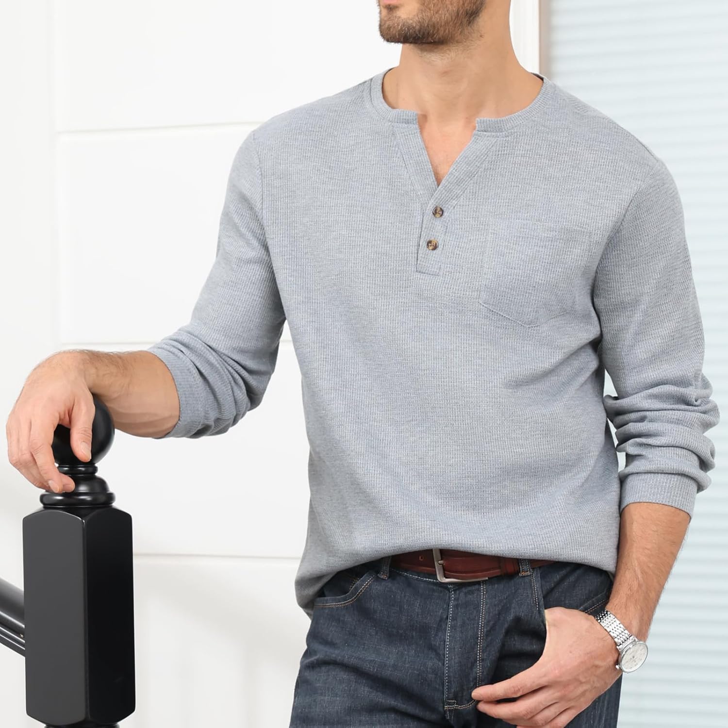 Uni Clau Men's Henley Shirts Long Sleeve Waffle Button Shirt Fall Fashion Casual Pullover Shirt - Image 6