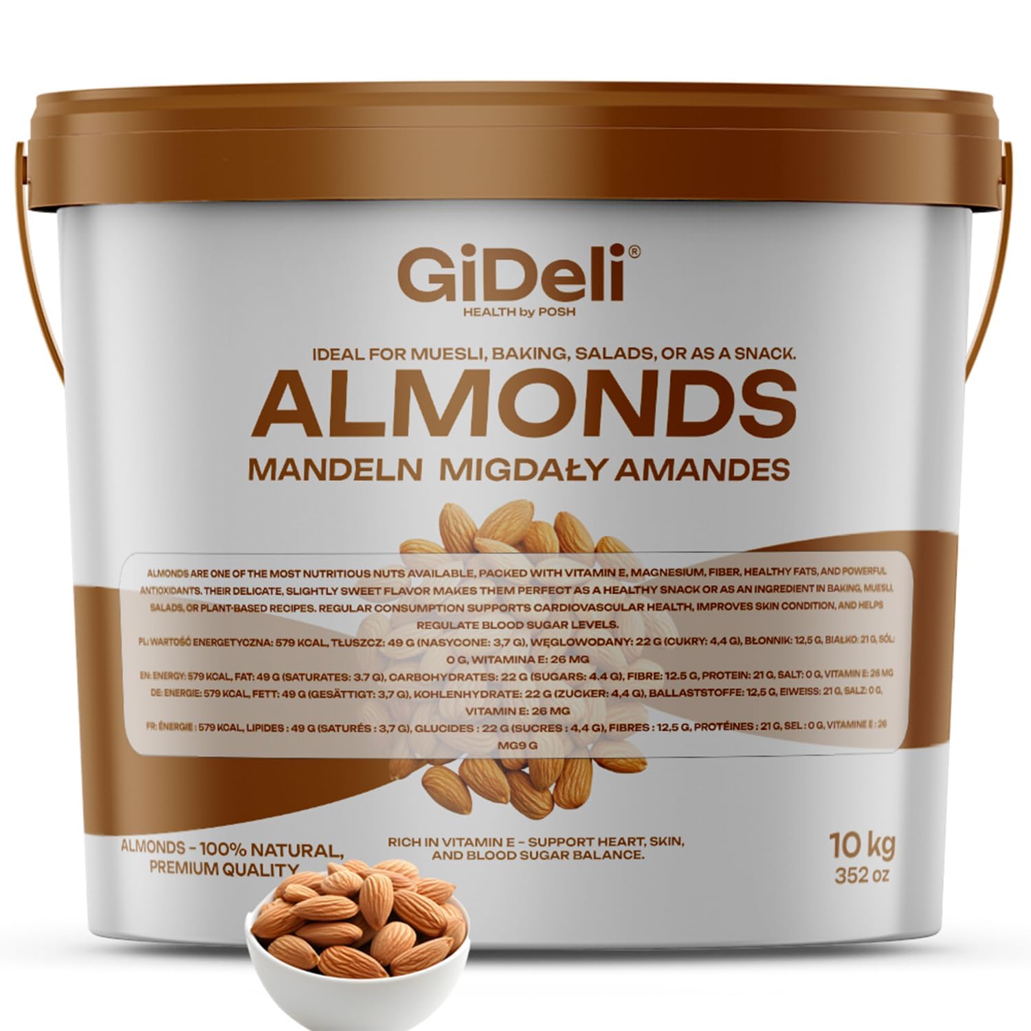 GiDeli Mandeln 10kg naturbelassen und ungesalzen im Eimer reich an Vitaminen & pur im Geschmack