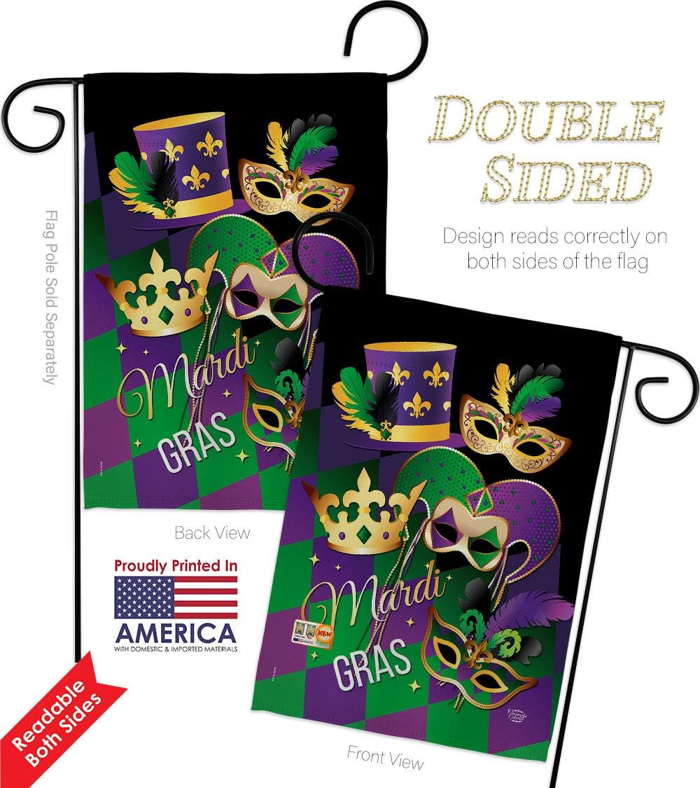 Mardi Gras Garden Flag Set Wood Dowel Springtime Carnival Festival Masquerade Celebration Season Holiday French Small Decorative Gift Yard House Banner Double-Sided Made In USA 13 X 18.5