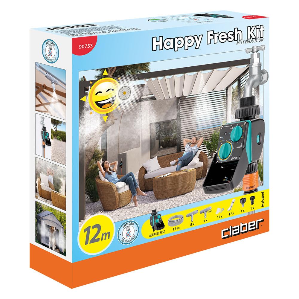 Claber Kit Happy Fresh Evolution 12 m con Aquauno Mist, Kit di raffrescamento per Giardino