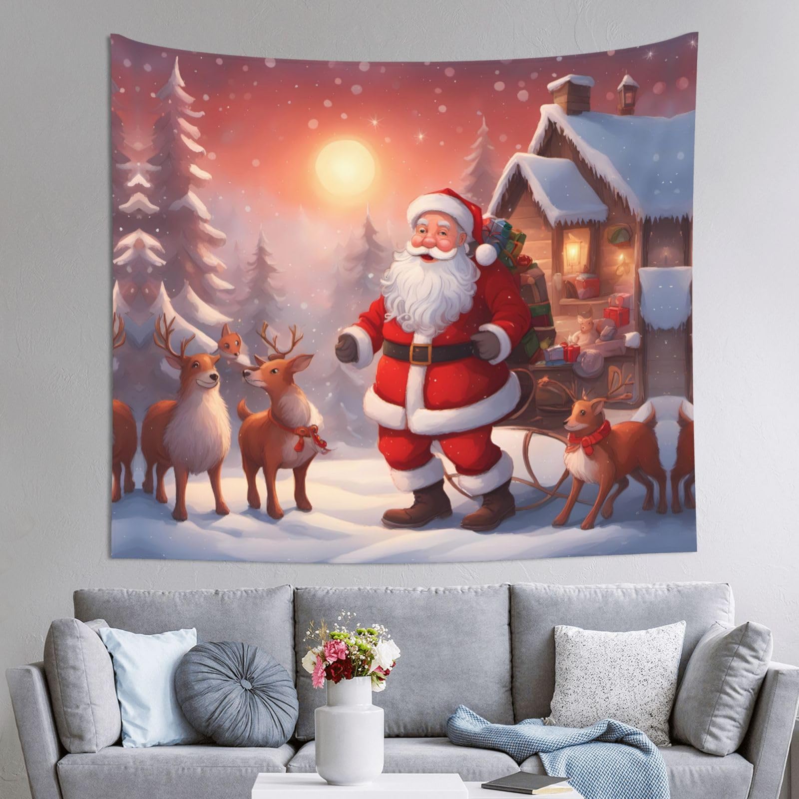 HLSBSSL 60x51in winter Santa Claus Printed Tapestry Tablecloth for Dormitory and Picnic Rooms - Multifunctional Fabric Hanging