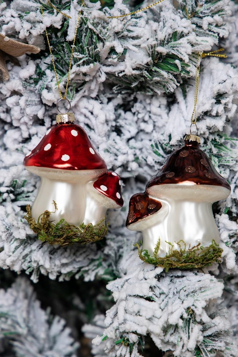 Set of 2 Blown Glass Mushroom Ornaments for Christmas Tree, Hanging Glass Mushroom Christmas Ornaments - Image 3
