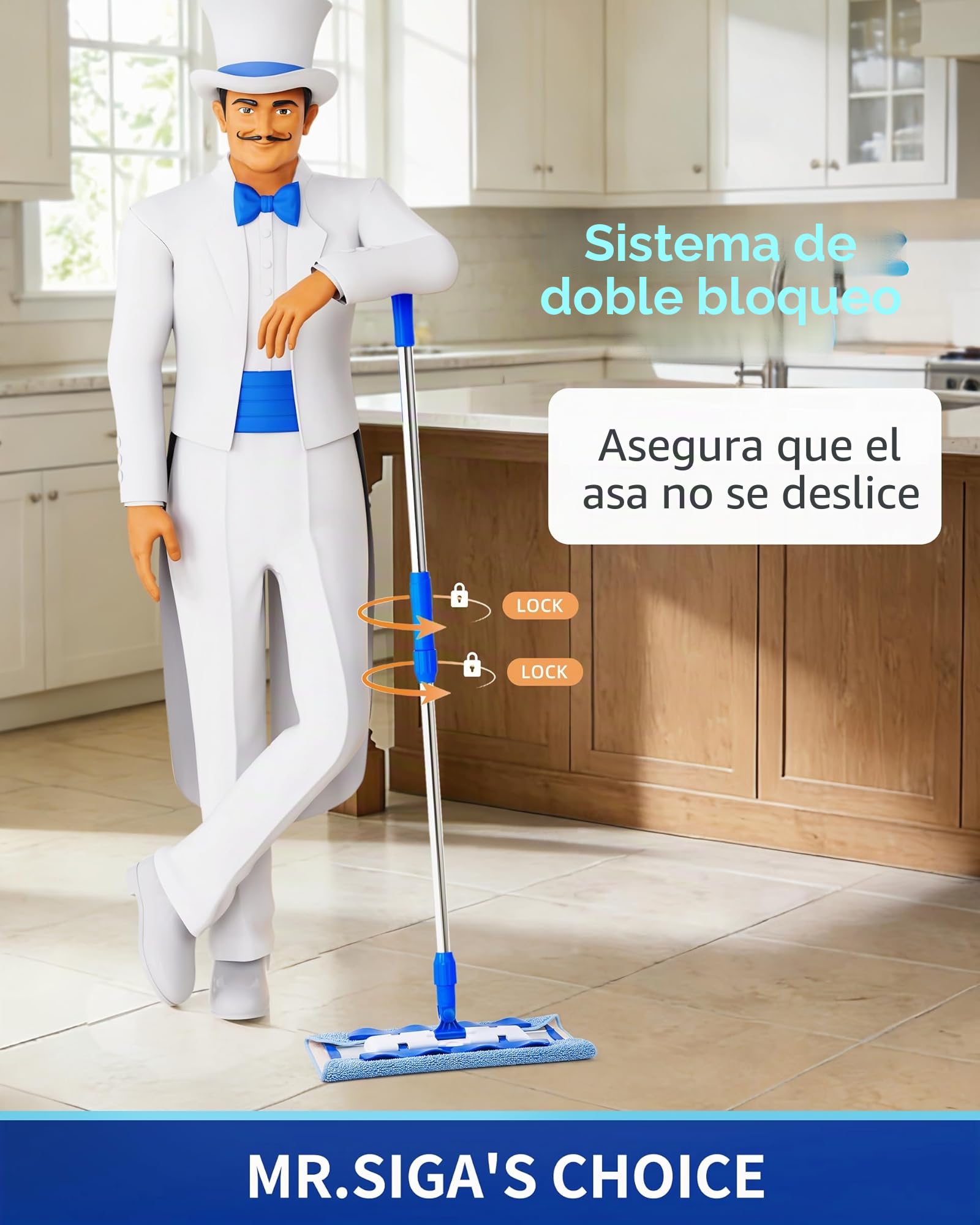 MR.SIGA Mopa Profesional de Microfibra para Limpiar Suelos de Madera, laminados y baldosas, Mango telescópico de Acero Inoxidable - 3 recambios de mopa Plana Reutilizables incluidos