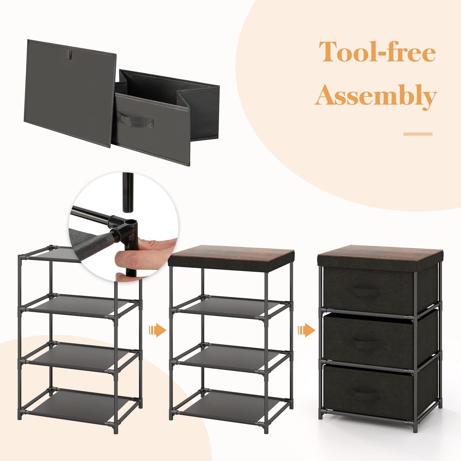 GIANTEX Commode voor slaapkamer stoffen ruimtebesparende badkamerkast met 4 laden, ijzeren frame en robuuste metalen verbinding, commode voor binnenkast, 3 kleuren (bruin