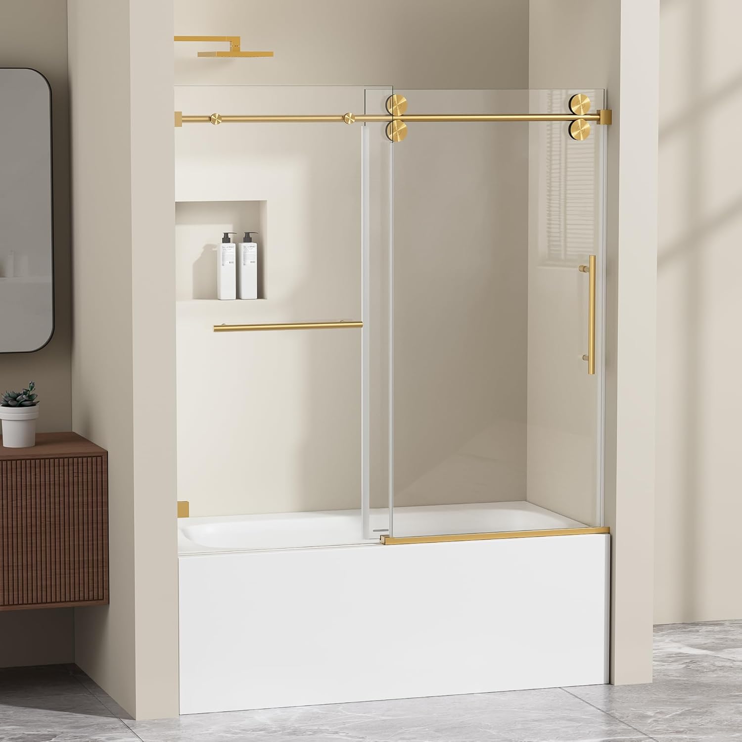 56"-61" W x 60" H Frameless Tub Shower Door, Frameless Single Sliding Tub Door,Shower Door with 3/8" SGCC Tempered Glass & Nano Coating,304 Stainless Steel Hardware,Walk-in Shower Door