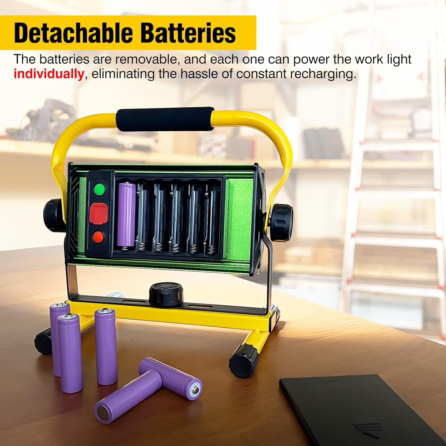 SYLSTAR Rechargeable Work Light with Detachable Battery, 80W 7000LM LED Work Light with Stand, IPX5 Waterproof Portable Flood Light with 6 Light Modes for Camping Repairing Workshop Job Site Lighting