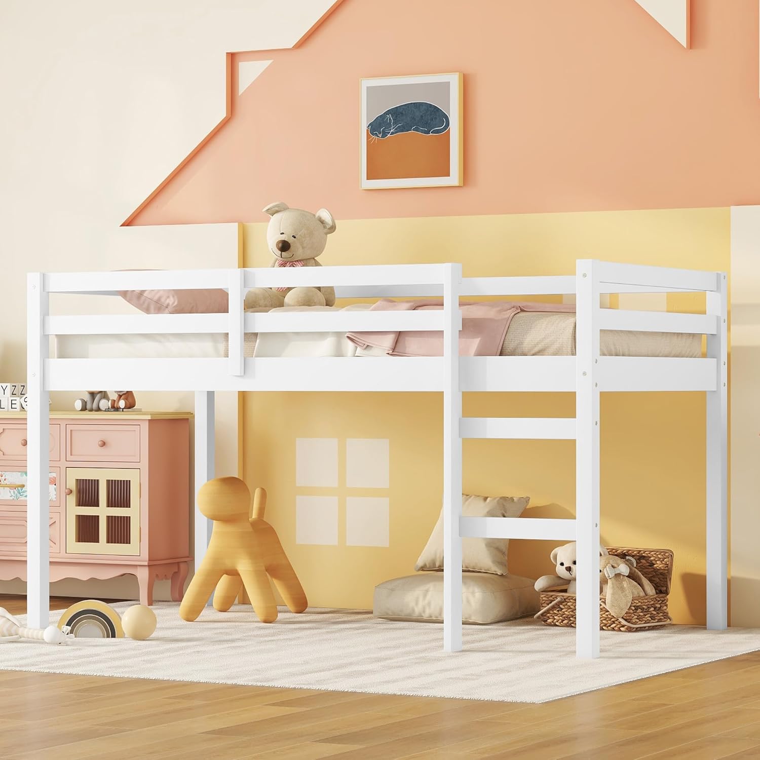 Low Loft Bed Twin Size, Kids Solid Wood Modern Loft Bed Frame with Ladder and Safety Guardrail for Girls Boys, Noise-Free,Non-Toxic Finishes, Space-Saving,No Box Spring Needed (White, Twin)