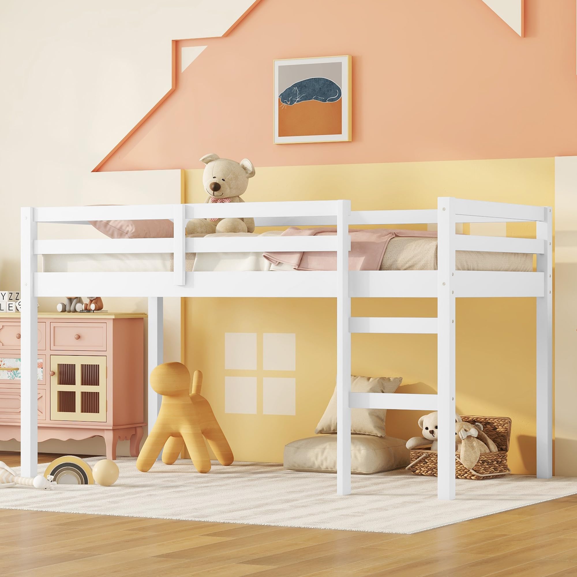 Low Loft Bed Twin Size, Kids Solid Wood Modern Loft Bed Frame with Ladder and Safety Guardrail for Girls Boys, Noise-Free,Non-Toxic Finishes, Space-Saving,No Box Spring Needed (White, Twin)