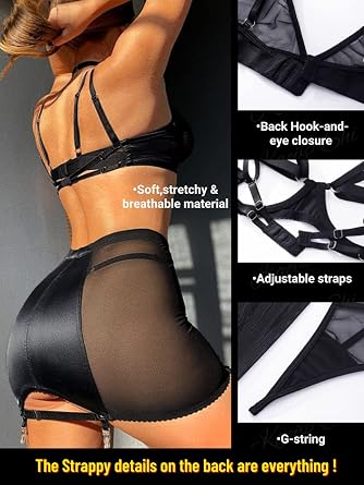 Kaei&Shi Garter Lingerie for Women, Strappy High Waisted Skirt G String 4 Piece Sexy Exotic Lingerie Outfits Set Boudoir