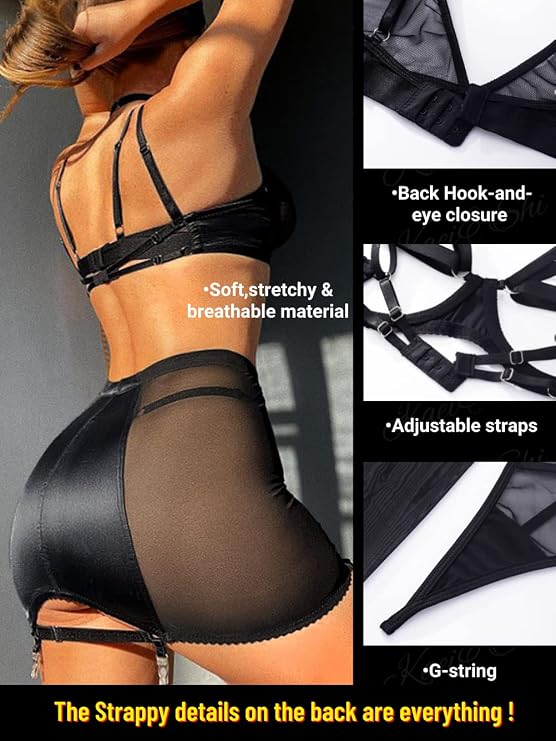 Kaei&Shi Garter Lingerie for Women, Strappy High Waisted Skirt G String 4 Piece Sexy Exotic Lingerie Outfits Set Boudoir