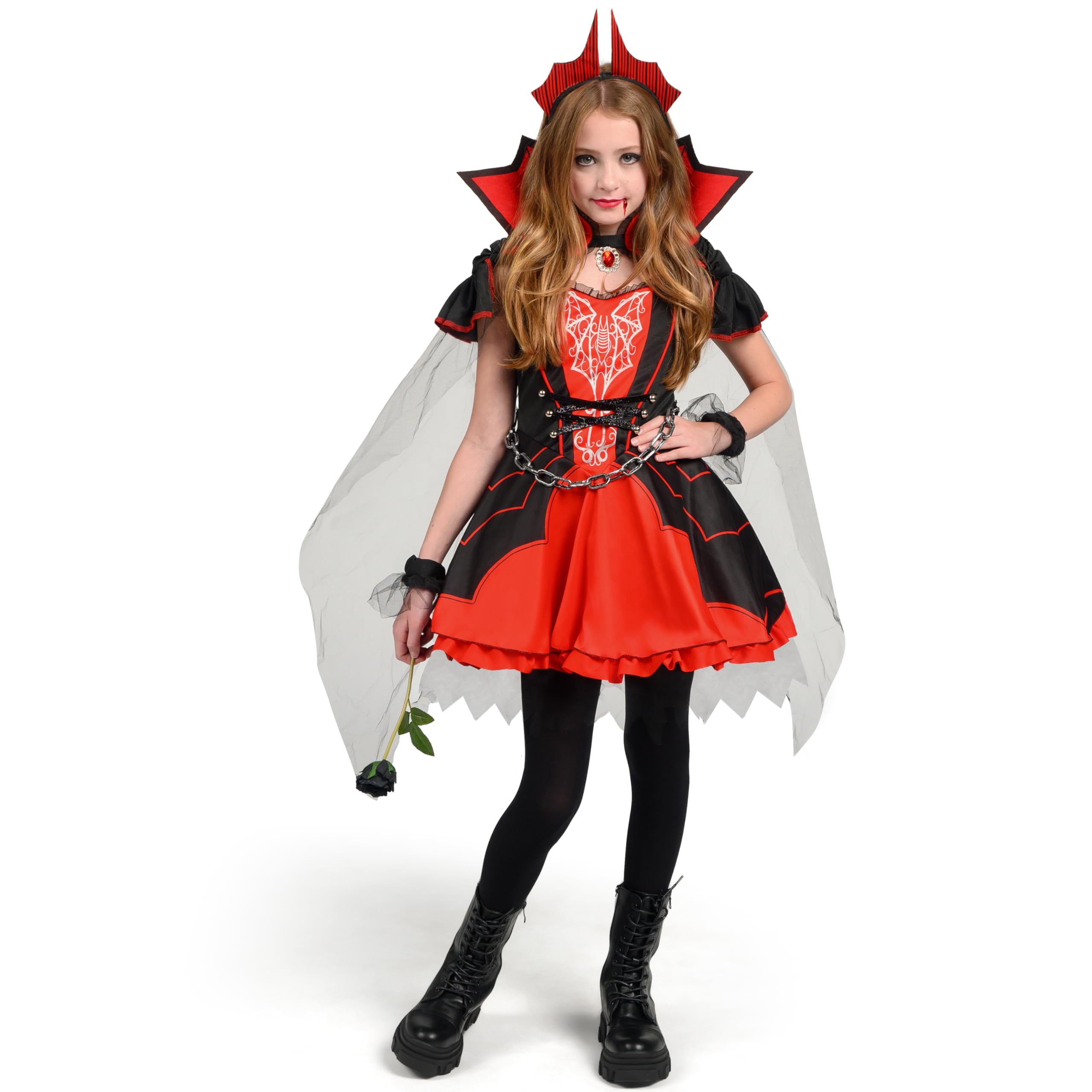 Spooktacular Creations Disfraz de vampiro para niña, vestido de vampiro rojo oscuro para niñas, disfraz de Halloween, juego de rol y fiestas de disfraces