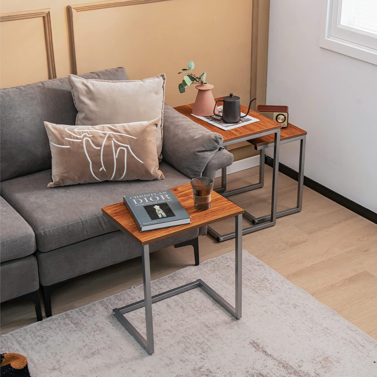 Giantex Set of 3 Nesting Coffee Tables, Stackable Square End Table with Wood Grain Tabletop and Heavy-Duty Metal Frame, Multifunctional C-Shaped Accent Table for Living Room, Bedroom, Study