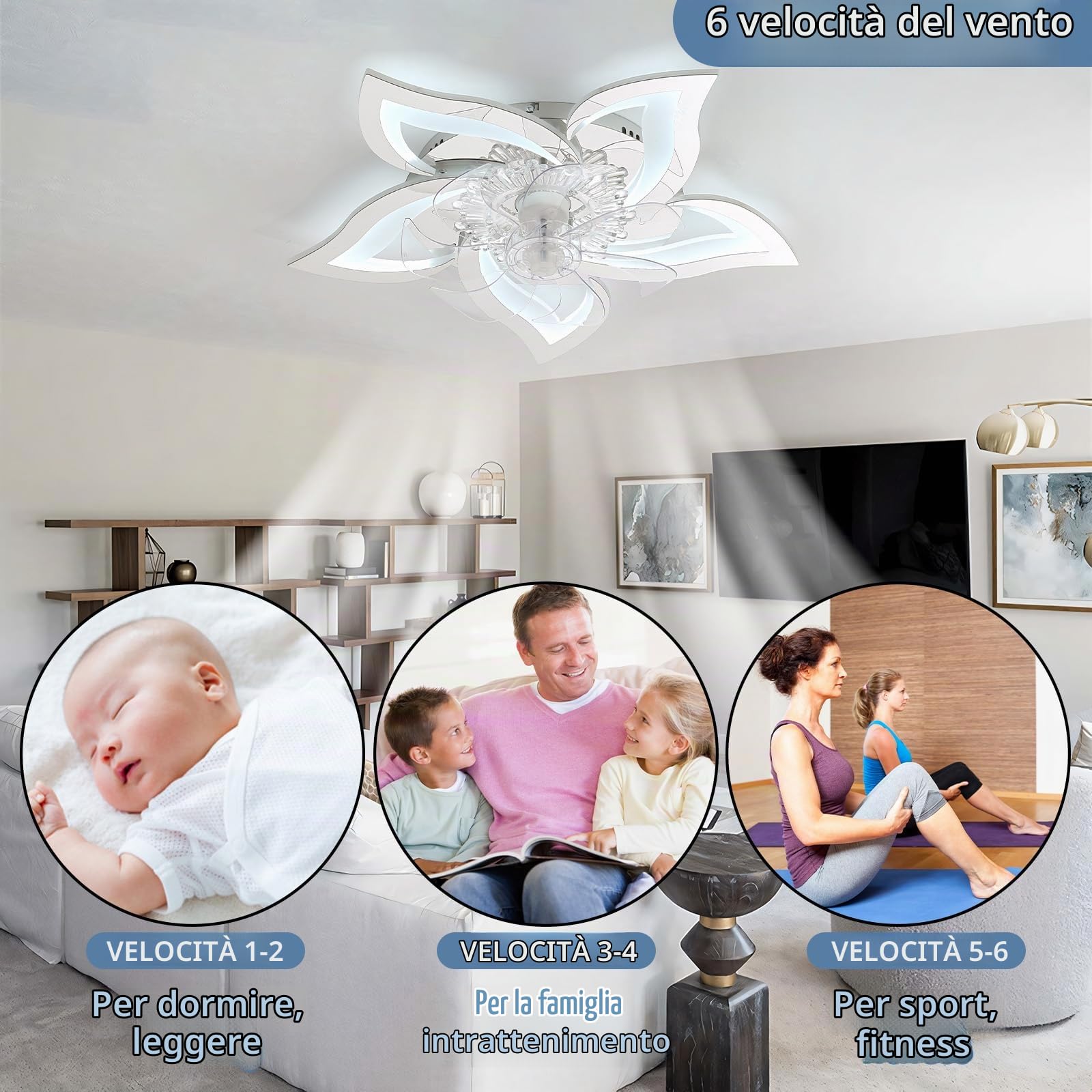 LED Plafoniera Con Ventilatore Dimmerabile Reversibile Moderno Lampadario Ventilatore E Telecomando Silenzioso 6 Velocità Luce Con Ventilatore Intelligente Per Soggiorno, Camera Da Letto
