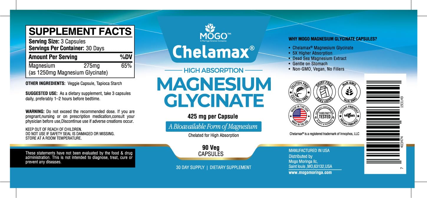 Chelamax Magnesium Glycinate 425mg. High‑Absorption, Chelated Magnesium Glycinate from Dead Sea Gentle on Stomach, Supports Sleep, Muscle & Bone Health.Made in USA, Third‑Party Tested, 90 Capsules. — Amazon image 8