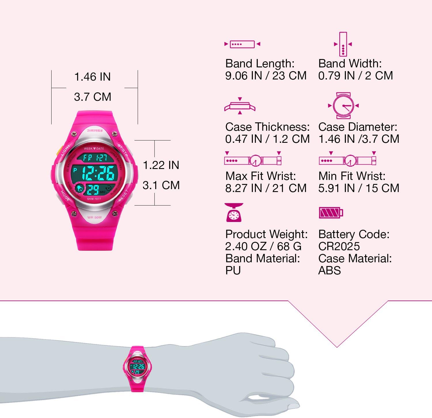 Diagram showing dimensions and material specifications of the watch
